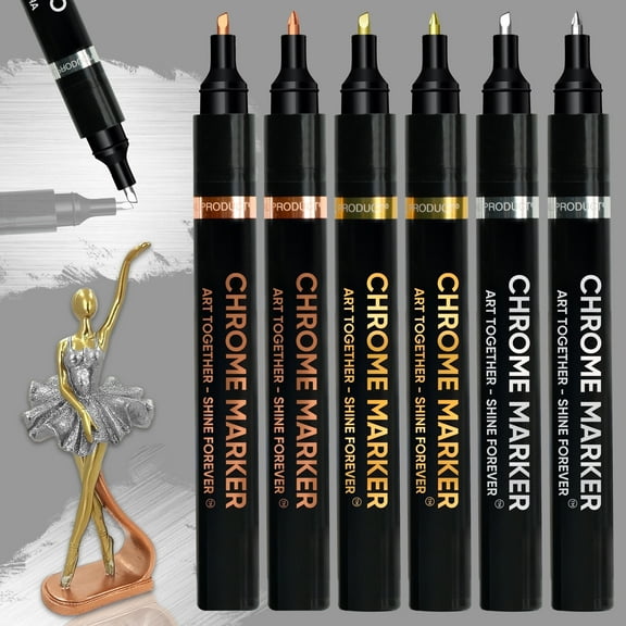 COORIART 6PK Liquid Chrome Markers - Permanent Mirror Chrome Pens, Chrome Paint Pens for Plastic, Metal, Model Painting, Touch Up & Repair Kit, Set of 2 Tips (1mm, 1- 3mm)