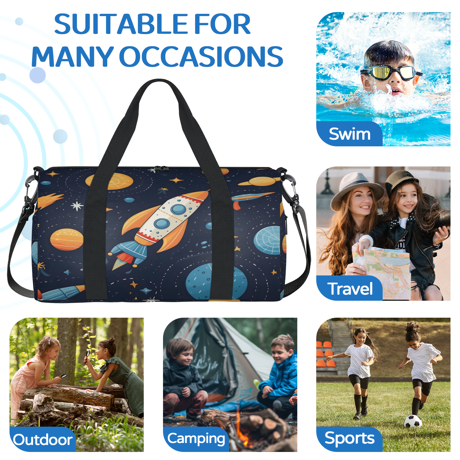 Herdesigns Space Rocket Galaxy Travel Duffle Bag Sports Yoga Weekender Overnight Carry on Workout Bags Lightweight Waterproof Gym Tote Bag for Women