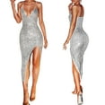 thumbnail image 2 of Licupiee Sexy Sequin Silver Bodycon Dress for Women Sparkly Glitter Deep V Neck Dress Spaghetti Straps High Split Evening Dress, 2 of 7