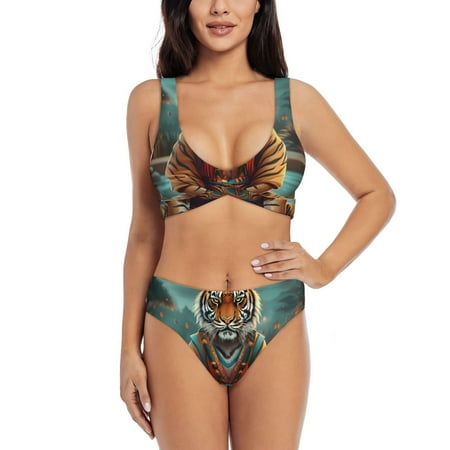 Zeuib Pond Meditating Tiger High Waisted Tummy Control Bikini Set - Knot Front Push Up Top & Cheeky Thong Bottom  Two-Piece Swimsuit for Women-Medium
