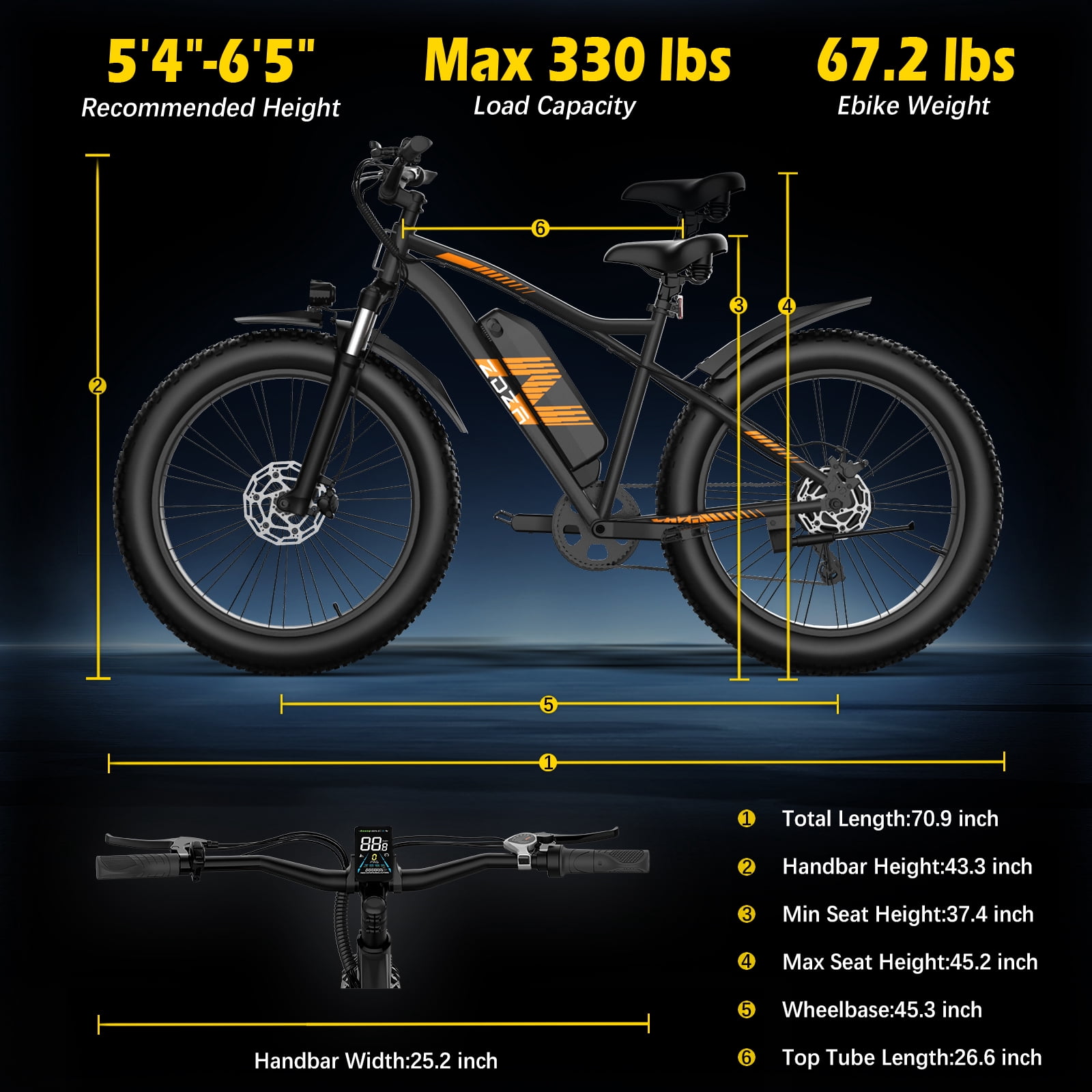 ZDZA Electric Bike for Adults, 1500W Peak E-Mountain Bicycle, 26" Fat Tire 28mph Ebike, 48V 624Wh Removable Battery 72Miles Range, 7 Speed and Dual Suspension UL2849