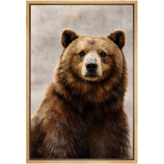 Framed Canvas Print Wall Art Majestic Bear Staring Fiercely Rustic Animal Art for Living Room, Bedroom, Office - 16"x24" NATURAL