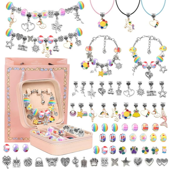 Rirool Charm Bracelet Making Kit for Girls 8-12, 68 Pcs DIY Jewelry Craft Set, Creative Birthday Gift for Kids with Charms, Beads, Chains & Jewelry Box