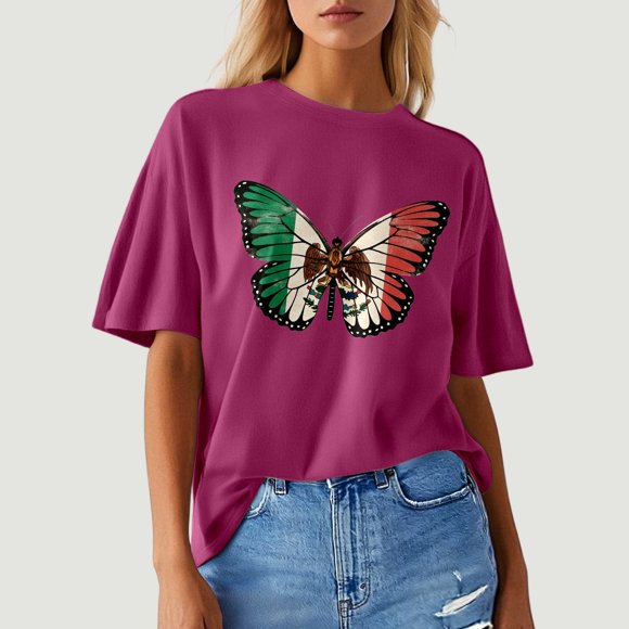 Summer Tops for Women Casual Fashion 3/4 Sleeve Top Crew Neck Prints Basic Womens Shirts Hot Pink S