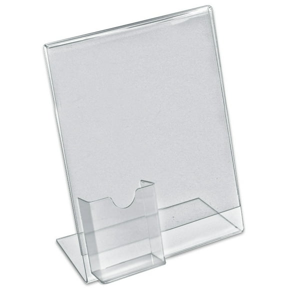 Clear Acrylic Angled L-Shape Sign Holder Frame with Slant Back Design and Attached Tri-Fold Brochure Holder Pocket, Frame Size: 8.5" W x 11" H, 10-Pack