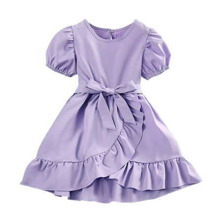 

Baozhu Toddler Girl s Ruffle Hem Waist Tie Wrap Dress Solid Short Sleeve Summer Beach Casual Sundress A-line Mini Dresses