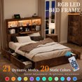 thumbnail image 3 of VanAcc King Size Bed Frame with LED Bookcase Headboard, Wooden Storage Bed with Charging Station & 4 Drawers, Rustic Brown, 3 of 9