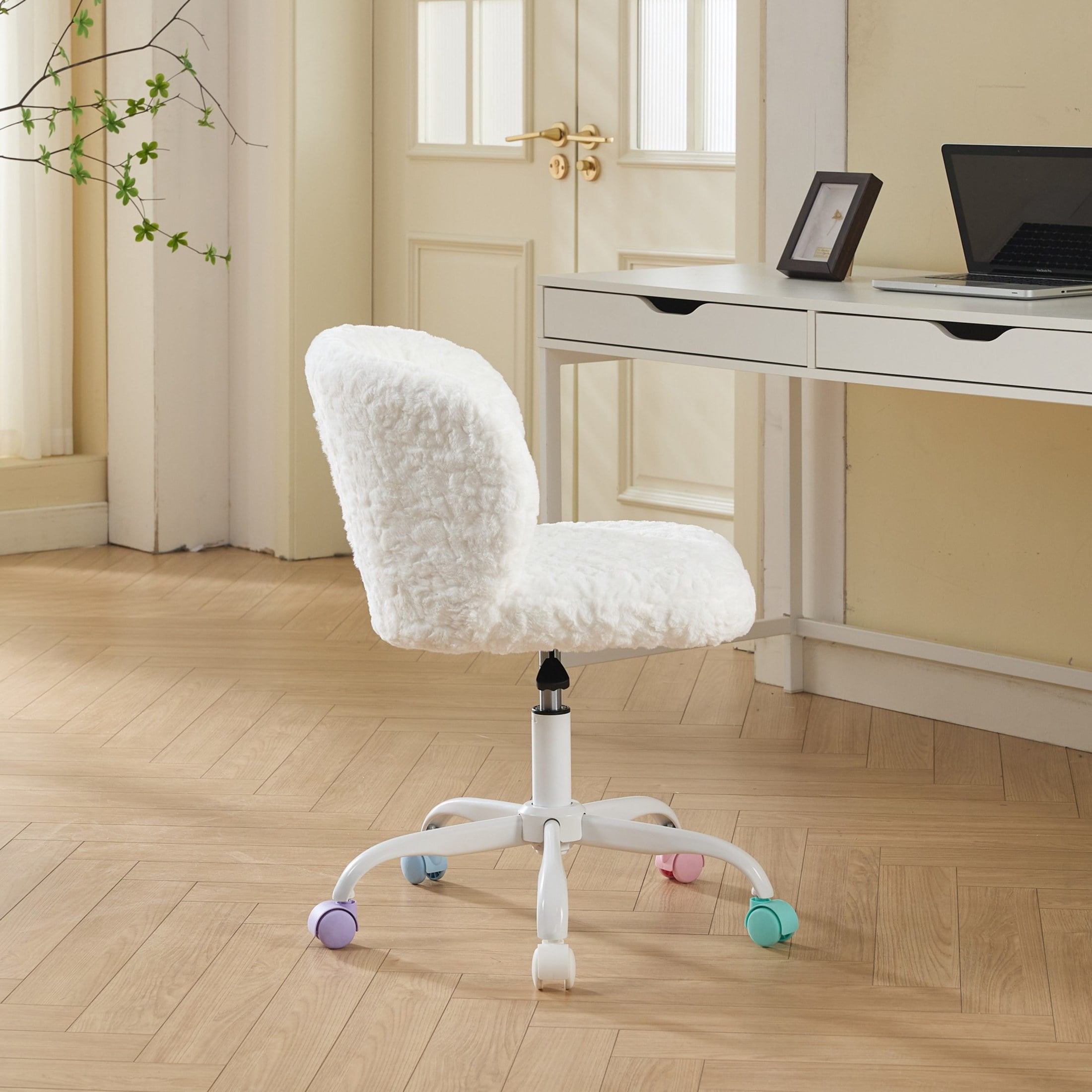 GDF Studio 22.5"W Faux Fur Office Chair with Adjustable Height, Swivel Metal Base, Ivory