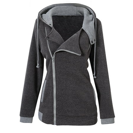 Coat Black Short Sleeve Buttons - Women's Long Sleeve Sweater Hooded Inclined Zipper Snap Button Slim Coat Deep Gray L