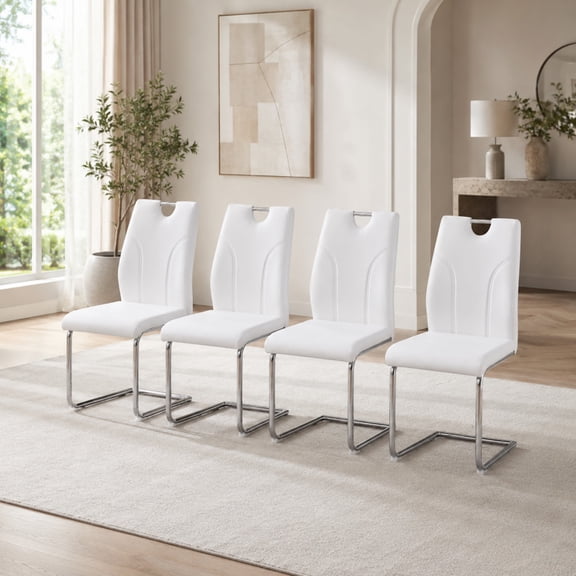 Ciphrias Dining Chairs Set of 4 White PU Leather Upholstered Chrome Metal Legs for Kitchen
