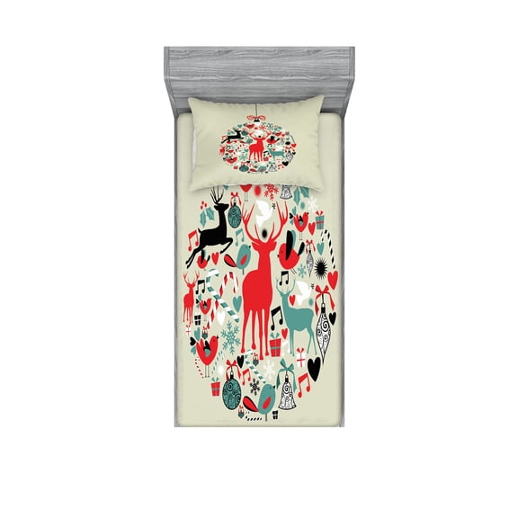 Ambesonne Christmas Fitted Sheet & Pillow Sham Set, Traditional Motif, Twinxl, Beige and Red