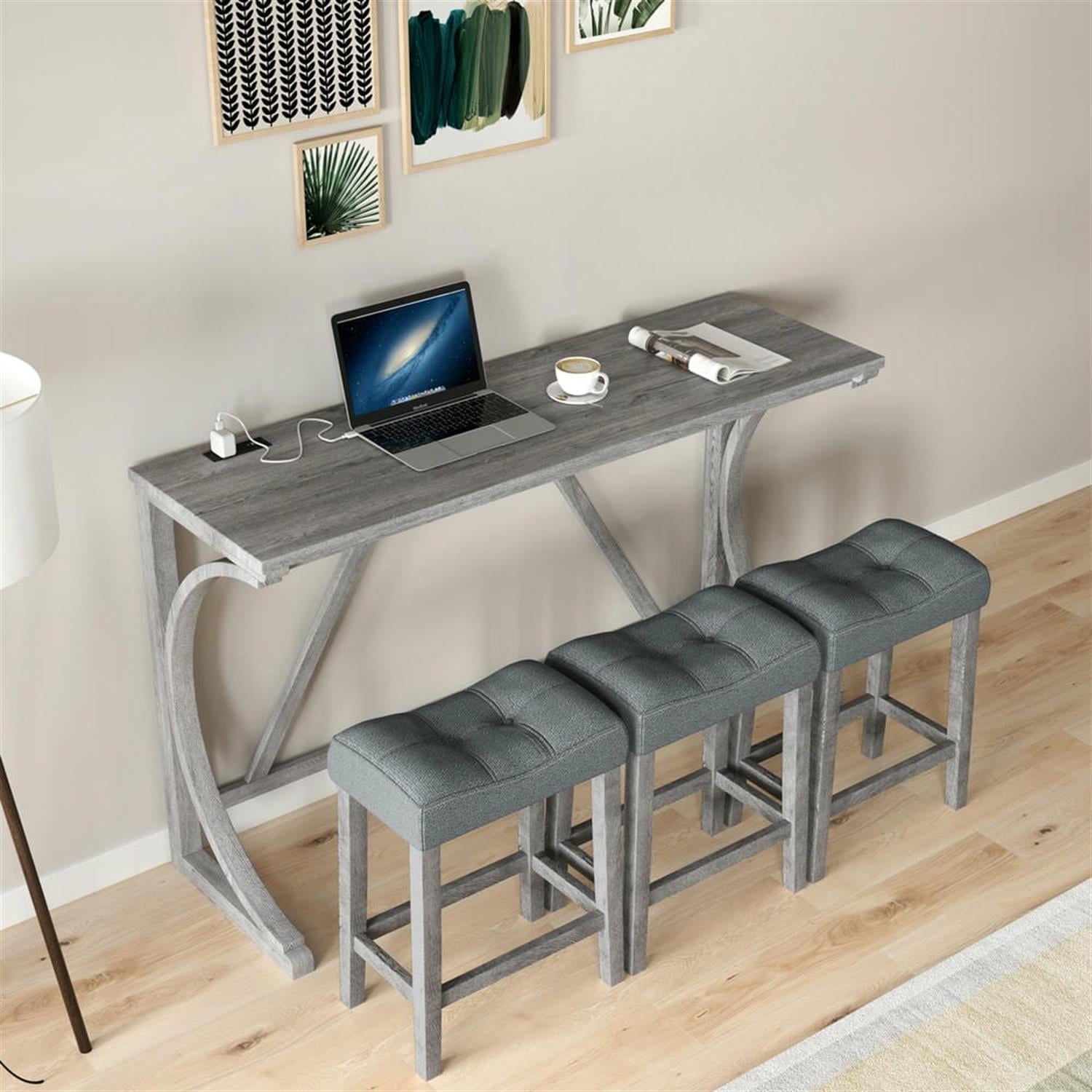 Demi Bonn 4-Piece Dining Table Set with 3 Upholstered Bar Stool and Power Outlets,dustrial Kitchen Bar Table Furniture Sets for Living Room, Apartment, Gray