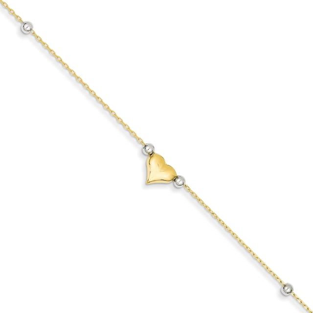 14k Yellow and White Gold Two-Tone Polished Puffed Heart with Beads Anklet Length 10 Inch