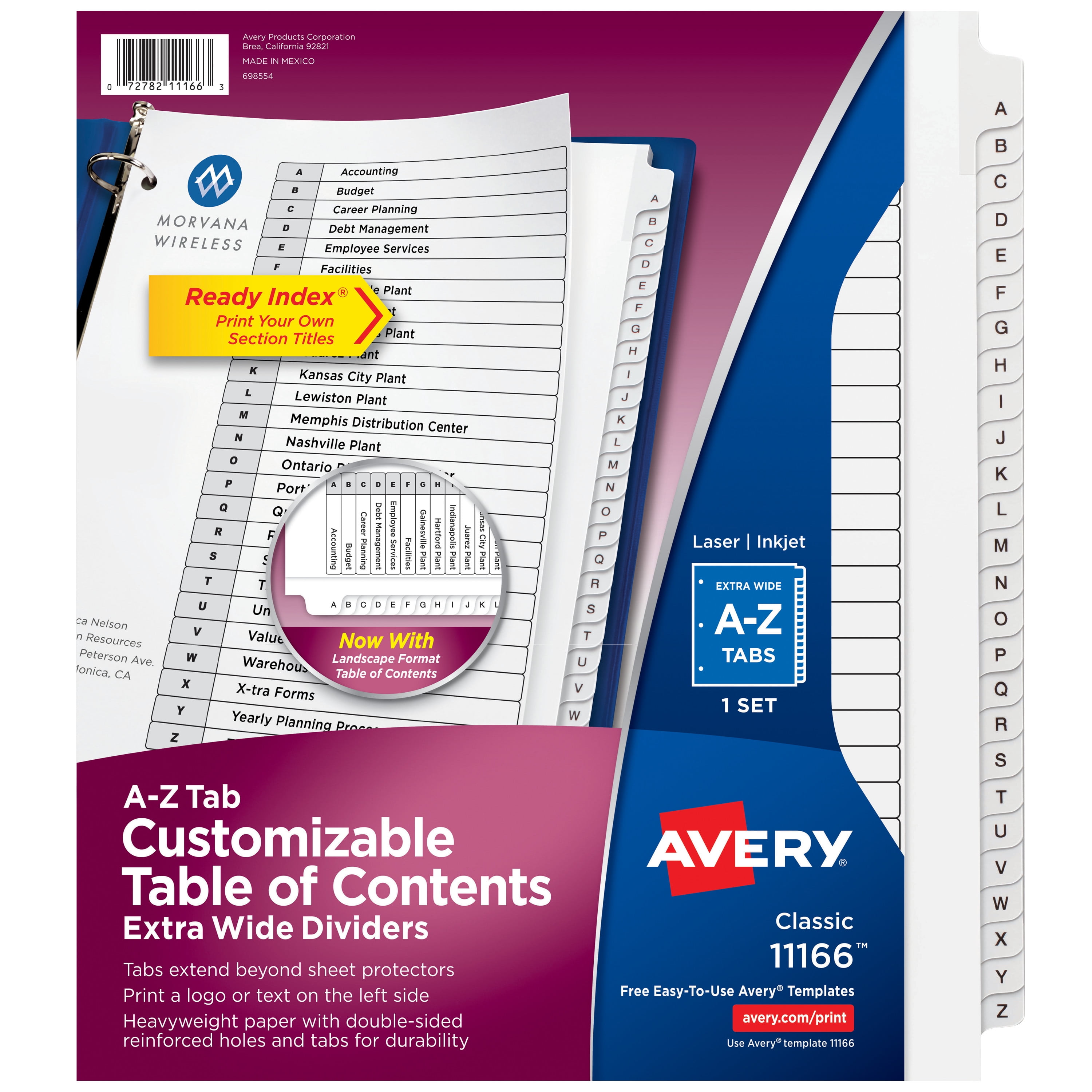 Ready Index A-Z 26 Tab Dividers, Customizable TOC, 1 Set (11166)
