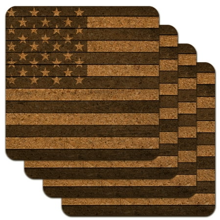 Rustic Subdued American Flag Wood Grain Design Low Profile Novelty Cork Coaster Set