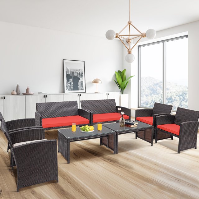 Gymax Ensemble de Conversation de Patio 8 Pcs Ensemble de Meubles d'Extérieur en Rotin avec Coussins Rouges