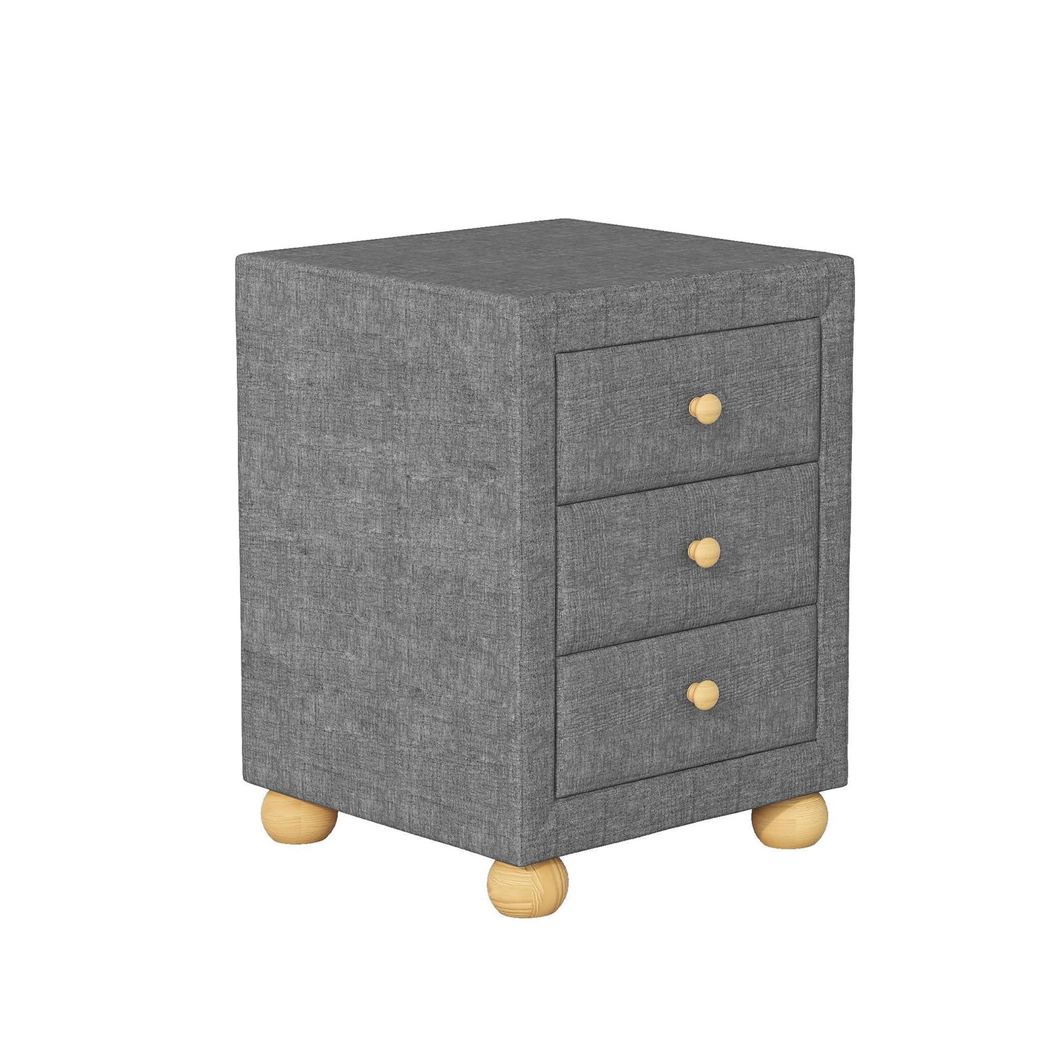 Resenkos Modern 3 Drawers Upholstered Nightstand with Natural Wood Knobs in Dark Gray Resenkos Modern 3 Drawers Upholstered Nightstand with Natural Wood Knobs in Dark Gray