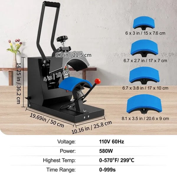 Hat Heat Press, 4 in 1 Cap Heat Press Machine, 6x3inches Clamshell Sublimation Transfer, LCD Digital Timer Temperature Control with 4pcs Curved Heating Elements