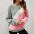 thumbnail image 3 of Womens Fleece Sweatshirts, Long Sleeve Pullover for Women Fall Fashion Warm Sherpa Color Patchwork Crewneck Thin Sweaters, 3 of 6