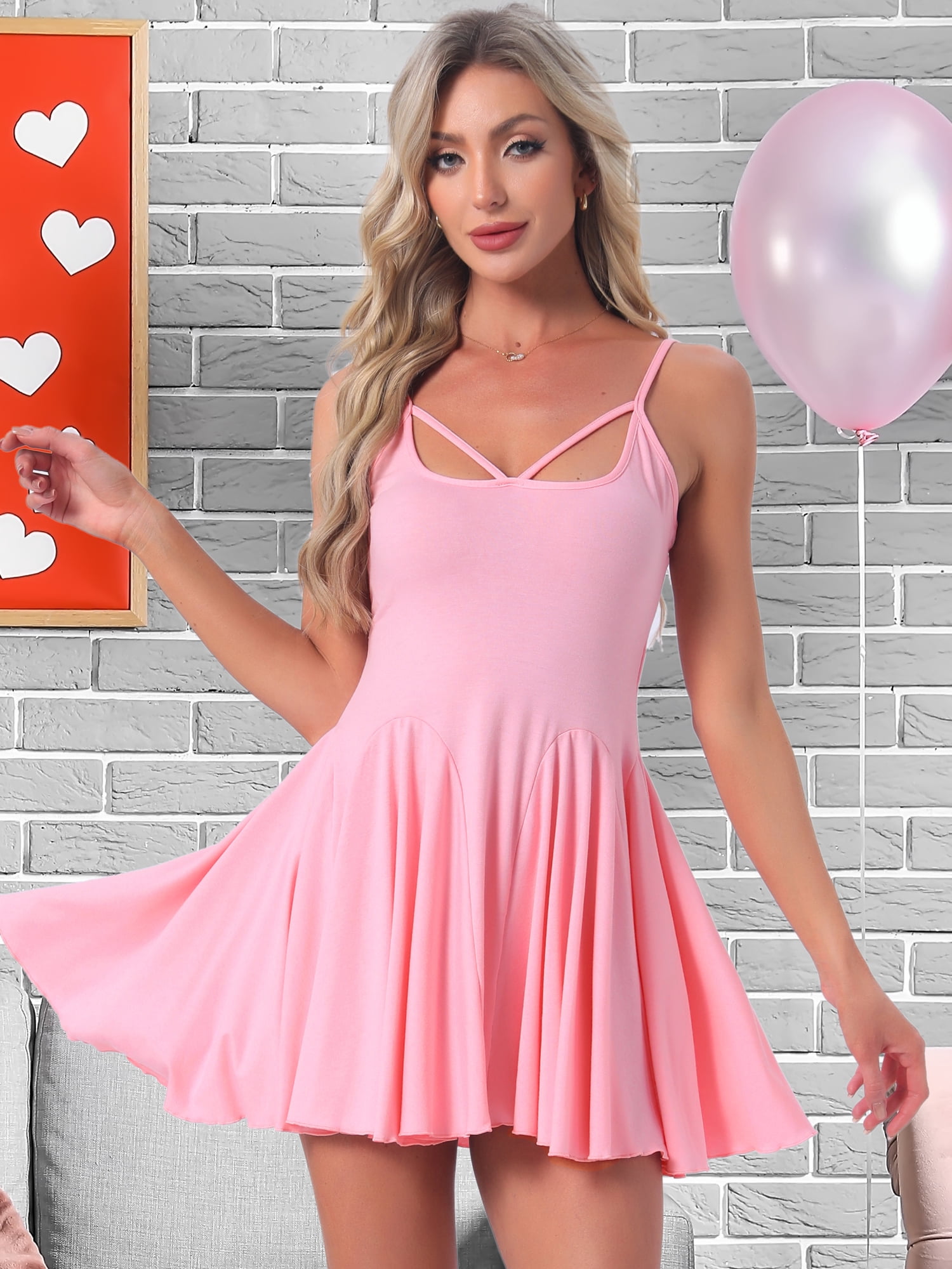 DARING DIVA Women's Nightgown Ruffle Spaghetti Strap Babydoll Chemise Dress S Pink