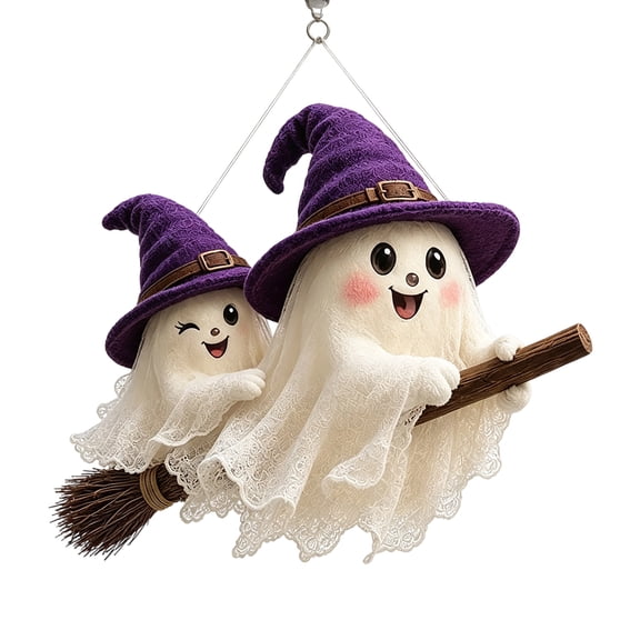Moonlight Mischief Lighted Ghost Broom Hanger, Cute Glowing Halloween Hanging Decor with Warm LED Lights, Luminous Fall Witches Hat Ornament for Porch & Home Wall Decor Display