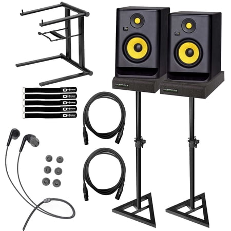 (2) KRK Rokit 5 G4 RP5G4 5  Powered Studio Monitors with Laptop Stand & Mee Audio RX18 Black In-Ear Headphones Packages