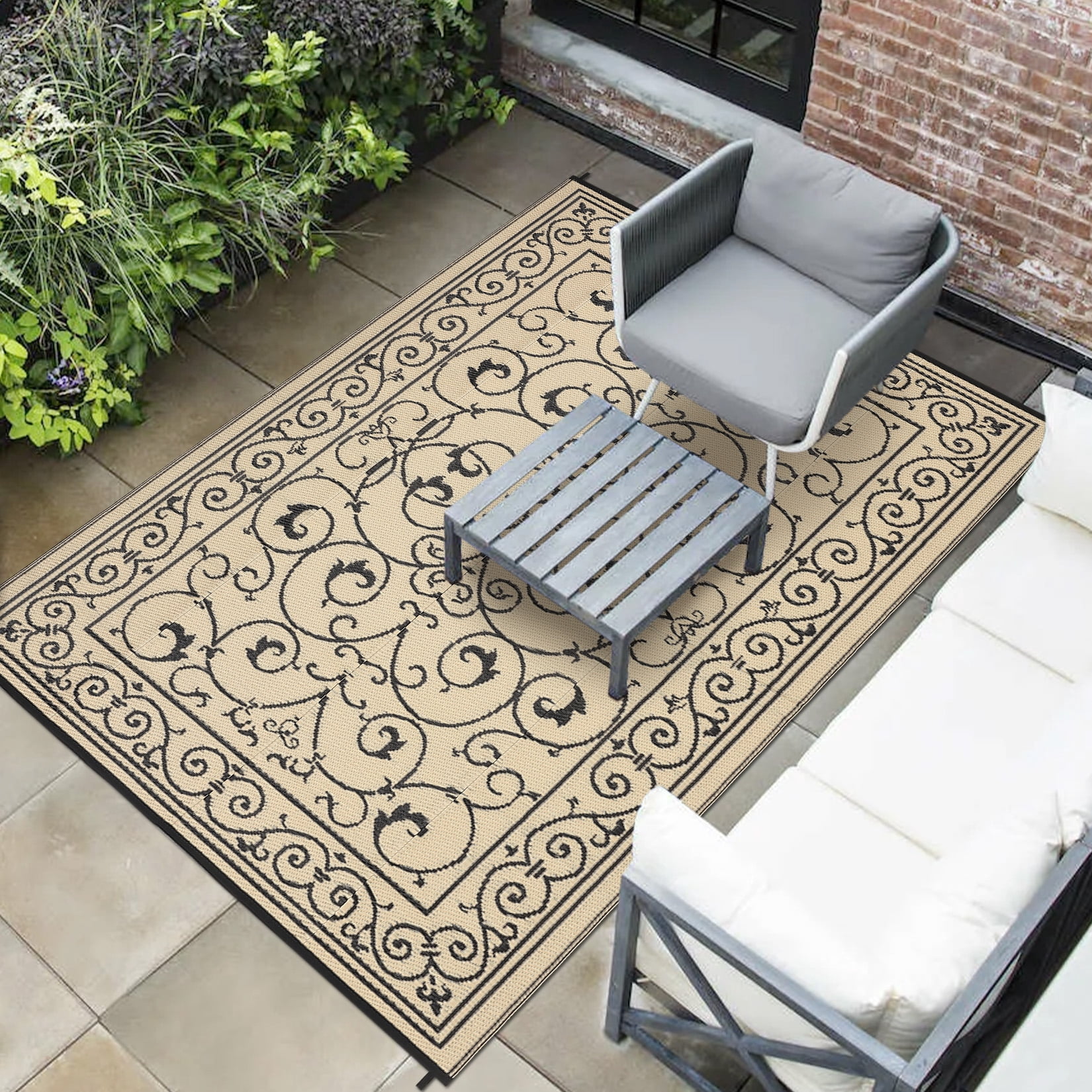 HIWEAVER 9' x 12' Black/Brown Outdoor Rug PP Plastic Straw Woven Waterproof Patio Rug with Border Portable Outside Carpet for Balcony Deck Picnic Garden Decor