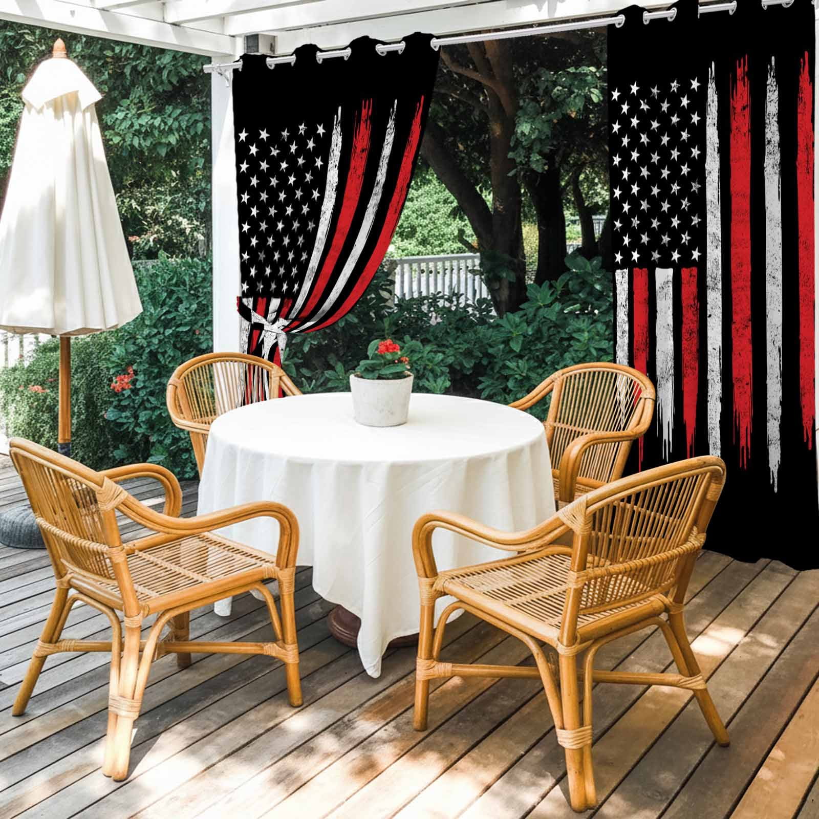 Independence Day Outdoor Curtains for Patio, USA Red White Star Stripes Black Sunshade Privacy Drapes Grommet Waterproof Outside Curtains for Porch/Cabana/Balcony 54"x 108", 1 Panel