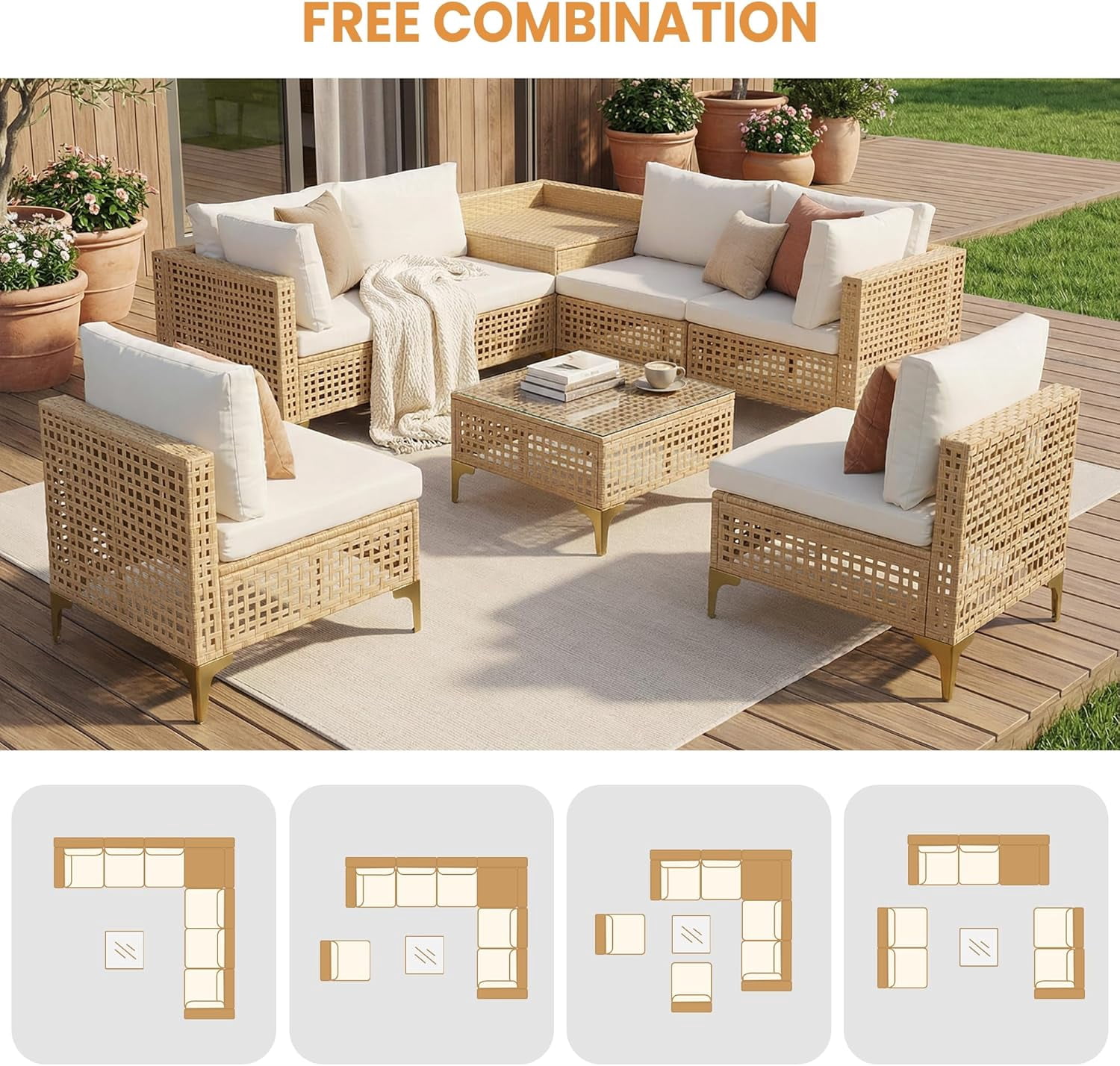 Ainfox 8-Piece Oversized Wicker Patio Furniture Set, UV-Resistant PE Rattan Outdoor Conversation Sofa with Storage Box & Tempered Glass Coffee Table, Yellow/Beige | Porch Backyard Poolside