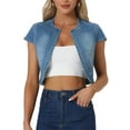 thumbnail image 1 of Chaqueta de mezclilla para mujer INSPIRE CHIC, de manga corta, ajuste ceñido, casual, cortada, color azul, talla S, 1 of 5