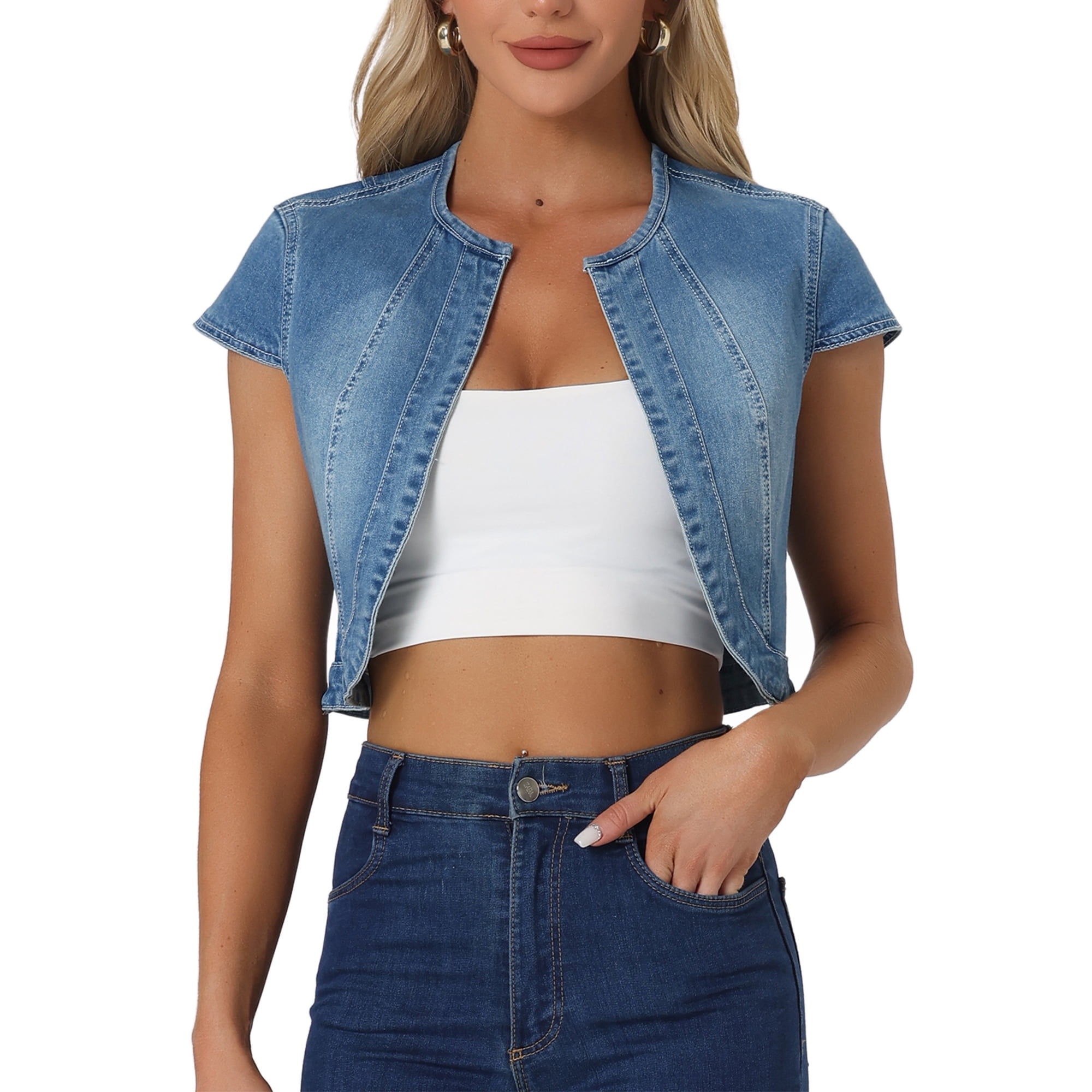 Veste en Denim pour Femme Veste en Jean à Manches Courtes Coupe Ajustée Tenues d'Été Décontractées Veste Courte G Bleu