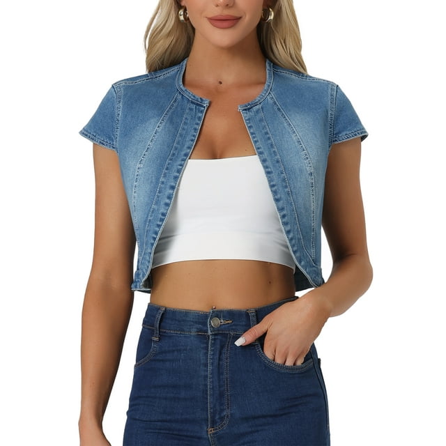 Chaqueta de mezclilla para mujer INSPIRE CHIC, de manga corta, ajuste ceñido, casual, cortada, color azul, talla S
