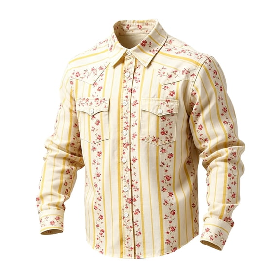 LEKWK Western Shirt for Men Vertical Striped Long Sleeve Button Down Top Cowboy Rodeo Ranch Style Slim Fit Distressed Look