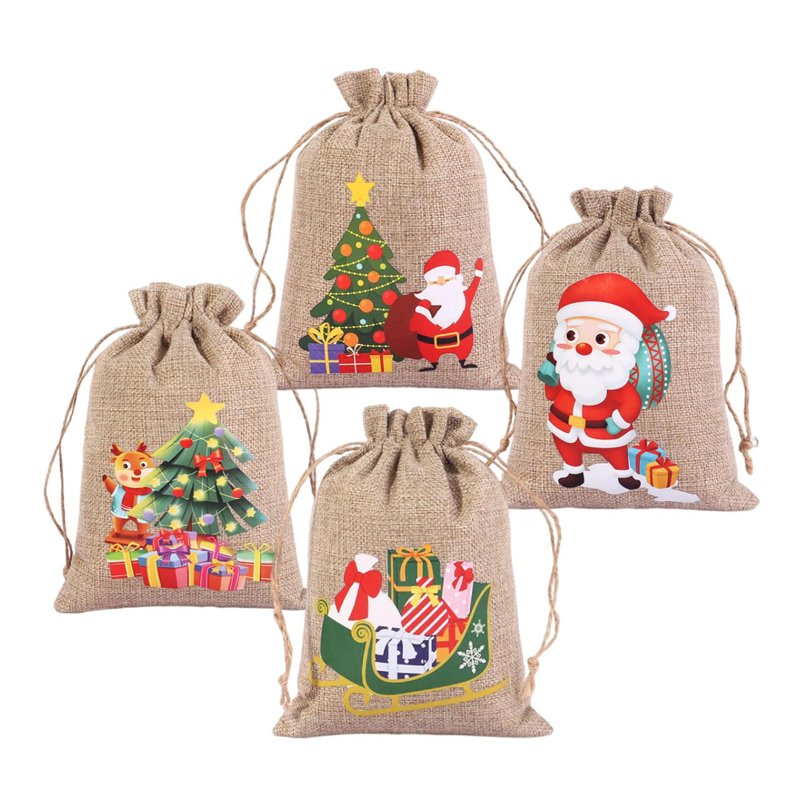 4Pcs Reusable Christmas Burlap Gift Bags, bags ,Candy Pouch, Christmas