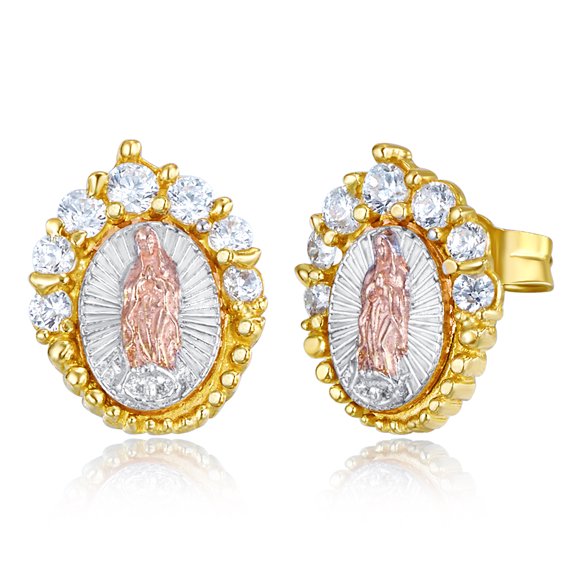 Wellingsale Ladies 14k Tri 3 Color Gold Polished CZ Our Lady of Guadalupe Earrings