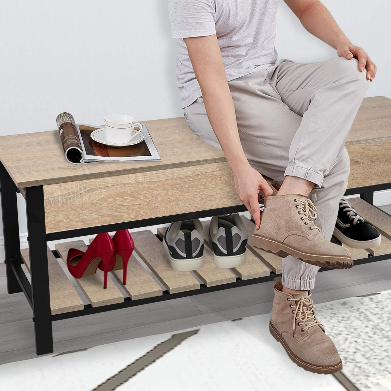 Buy YIGOBUY Wooden Industrial Lift Top Shoes Storage Bench for