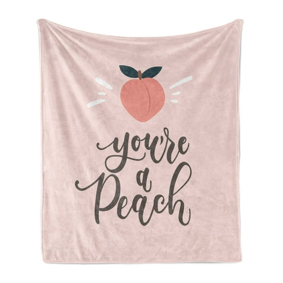Fruit Soft Flannel Fleece Throw Blanket, You're a Peach Typography and Leaves Healthy Food in Pastel Tones, Cozy Plush for Indoor and Outdoor Use, 50" x 60", Coral Pale Eggshell, by Ambesonne
