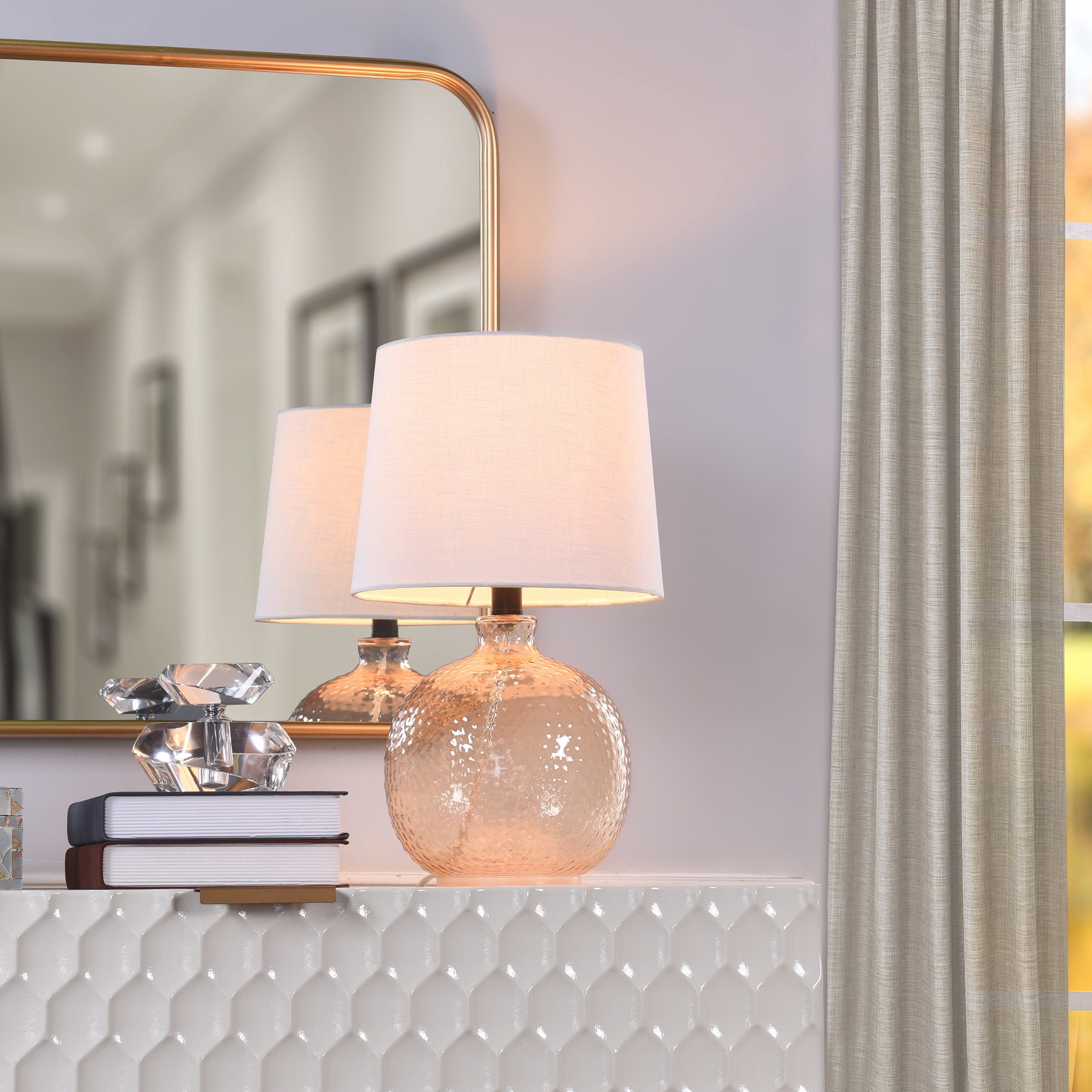 Hammered Glass Table Lamp, Amber with White Shade, 17"