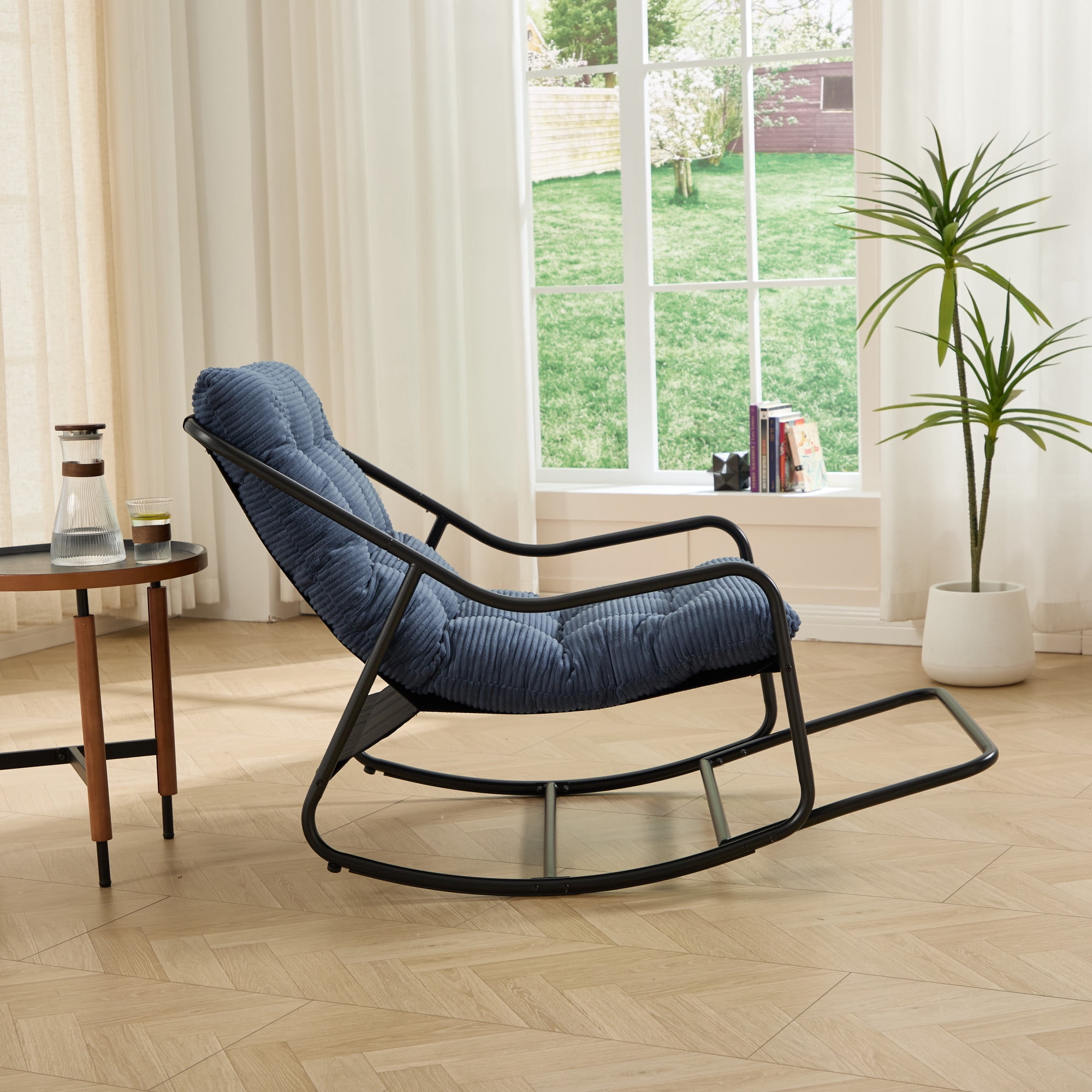 Howcool Patio Rocking Chair with Footrest & Cushion, Curved-Arm Glider Rocking Chair, Indoor Accent Chair