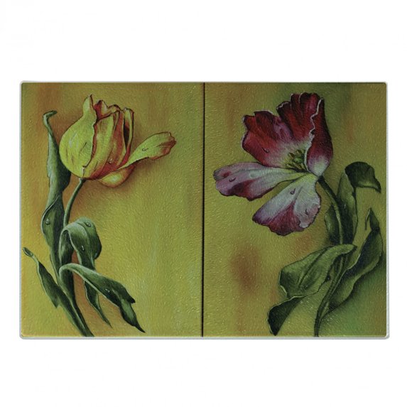Country Cutting Board, Painting of Curving Tulips Romantic Dramatic Blooming Flower Retro Art Print, Decorative Tempered Glass Cutting and Serving Board, Small Size, Pink Yellow Green, by Ambesonne