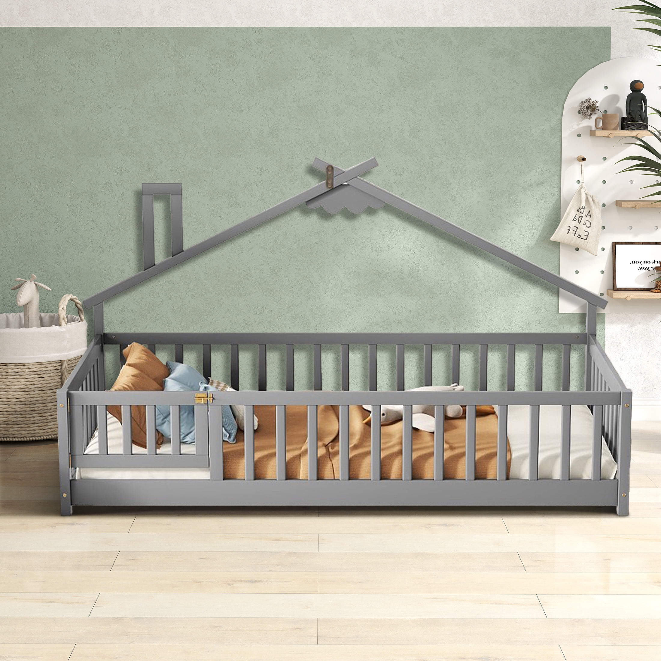 Aukfa Twin Bed Frame, House-Shaped Bedside Floor Bed with Full Length Guardrail Door, Gary
