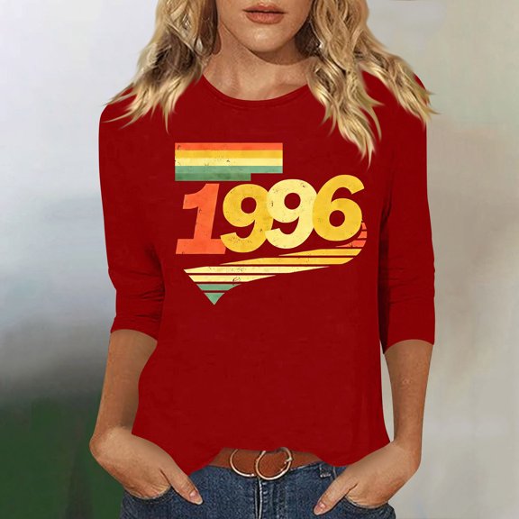 HOMBOM 3/4 Sleeve T-Shirts for Women Summer Graphic Tees Graphic Crew Neck Retro 1996 Print Soft Red Womens Tops