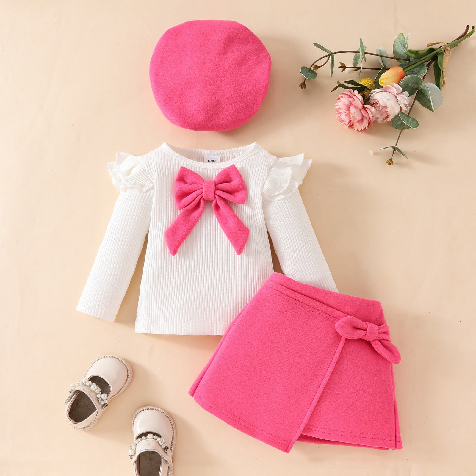 Toddler Christmas Outfits for Girls Long Sleeve Bowknot Ribbed Top Fall Winter Short Dress and Hat Three Piece Set,Z5-RD2,12-18 Months