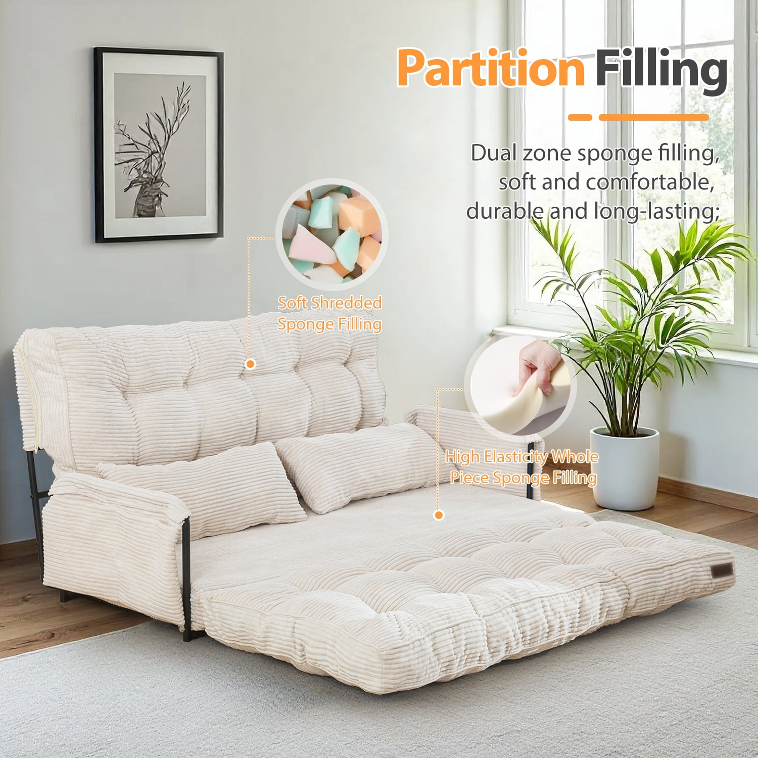GOODONE Convertible Floor Sofa,Bean Bag Sofa with Pillows,Multifunctional Lazy Sofa with Pillows,Adult Reading Chair,Suitable for Bedroom or Living Room,Beige,Loveseat