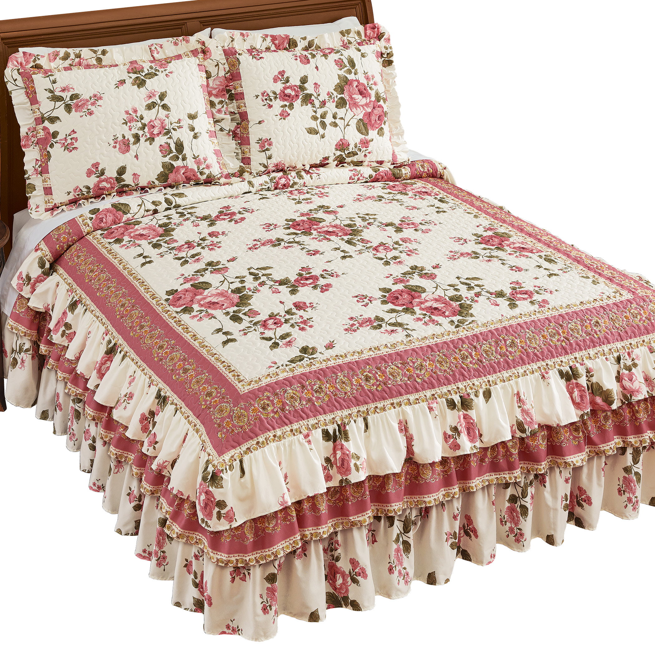 Queen Quilt Set Chic Floral Pink Roses Details about   Rose Garden Creamy White Full 