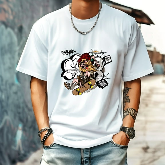 Men's T Shirt Round Neck Patterned Tee Summer New Sports Shirt Vintage Style Gift for Friends XS