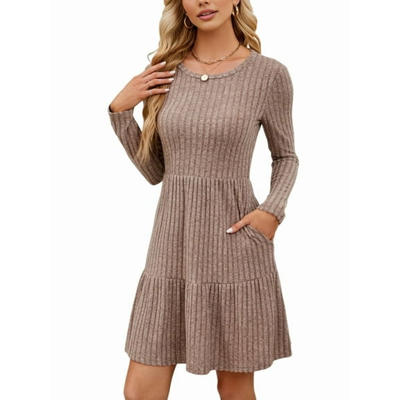 Womens Long Sleeve Fall Short Dress Casual Ribbed Knit Crewneck Flowy A Line Sweater Dresses with Pockets Brown M