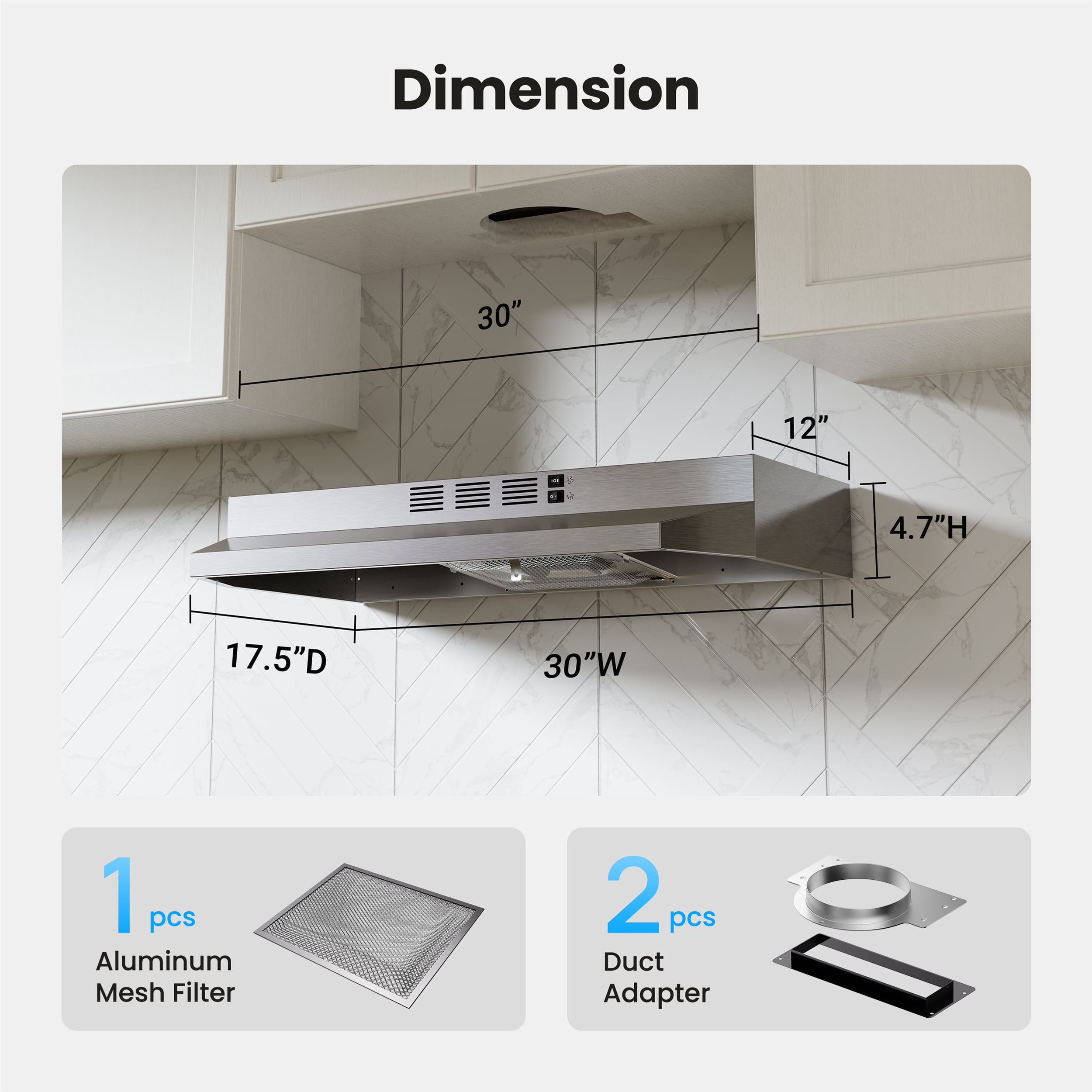 VIKIO 30 in. Under Cabinet Range Hood, 300 CFM, Ducted or Ductless Convertible, Stainless Steel with LED Light and Filters