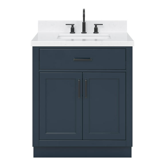 Ariel Hepburn 30 In. Rectangle Sink Bathroom Vanity With Carrara White Quartz Countertop 1.5 Edge In Midnight Blue