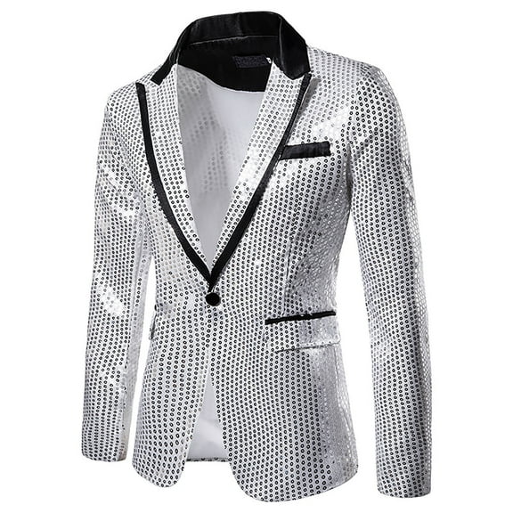 WREESH Mens Sequins Blazer Peaked Lapel One Button Suit Jacket Slim Stylish Tuxedo Party Blazer Performance Suit Silver